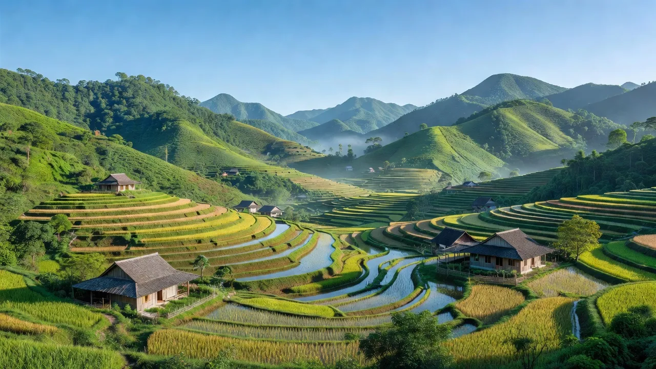 Cảnh quan Xã Tú Đoạn, huyện Lộc Bình, tỉnh Lạng Sơn với đồng ruộng xanh tươi và đồi núi hùng vĩ.