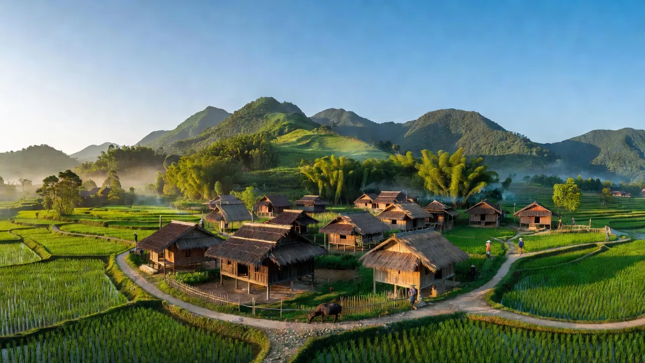 Cảnh đẹp xã Tú Mịch, huyện Lộc Bình, tỉnh Lạng Sơn với núi xanh và nhà truyền thống.