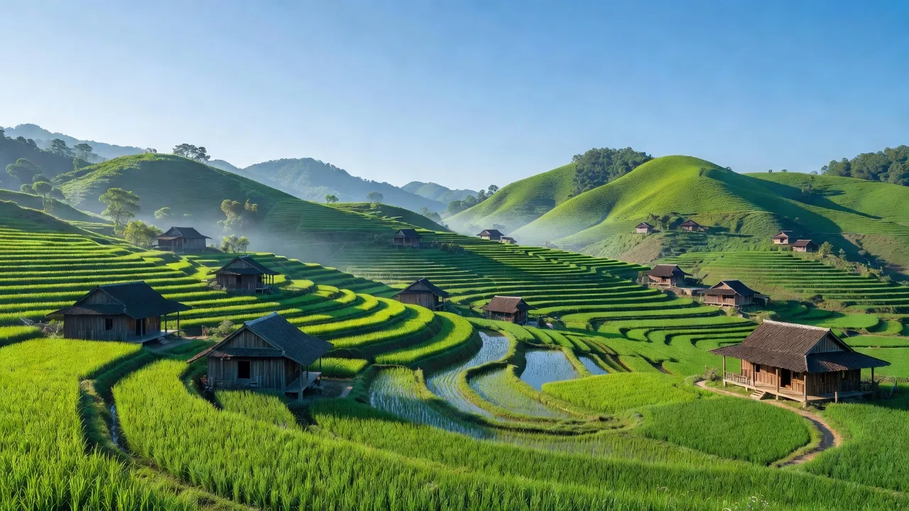 Cảnh đẹp xã Tú Mịch, huyện Lộc Bình, tỉnh Lạng Sơn, với ruộng xanh và nhà gỗ truyền thống.