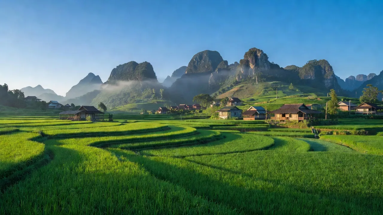 Khung cảnh xã Xuân Dương, huyện Lộc Bình, tỉnh Lạng Sơn với núi và đồng ruộng xanh.