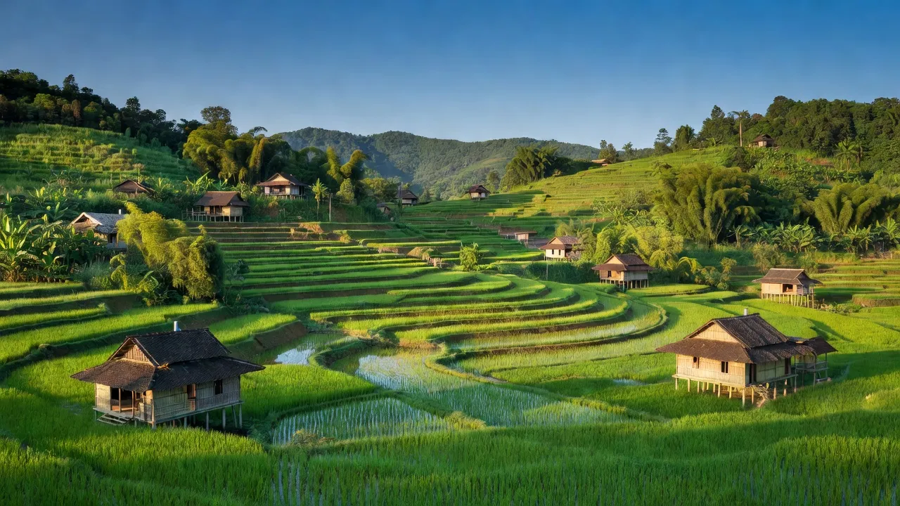 Khung cảnh yên bình xã Xuân Dương, huyện Lộc Bình, tỉnh Lạng Sơn với nhà truyền thống và ruộng bậc thang.