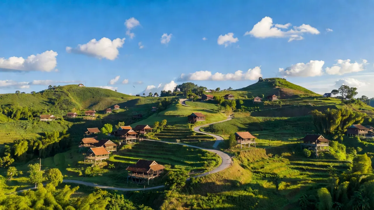 Khung cảnh xã Yên Khoái, huyện Lộc Bình, tỉnh Lạng Sơn với đồi xanh và nhà truyền thống.