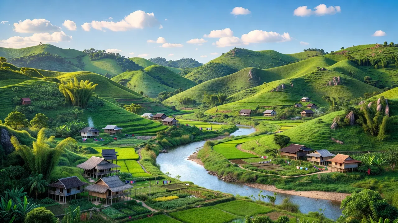 Phong cảnh huyện Tràng Định, Lạng Sơn với những cánh đồng xanh và dòng sông Bắc Khê.