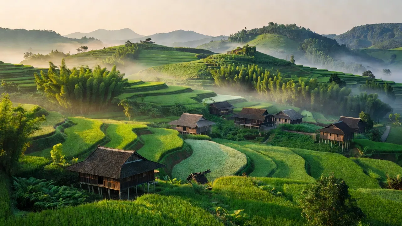 Cảnh quan xã Cao Minh, huyện Tràng Định, tỉnh Lạng Sơn với đồi núi và nhà sàn truyền thống.