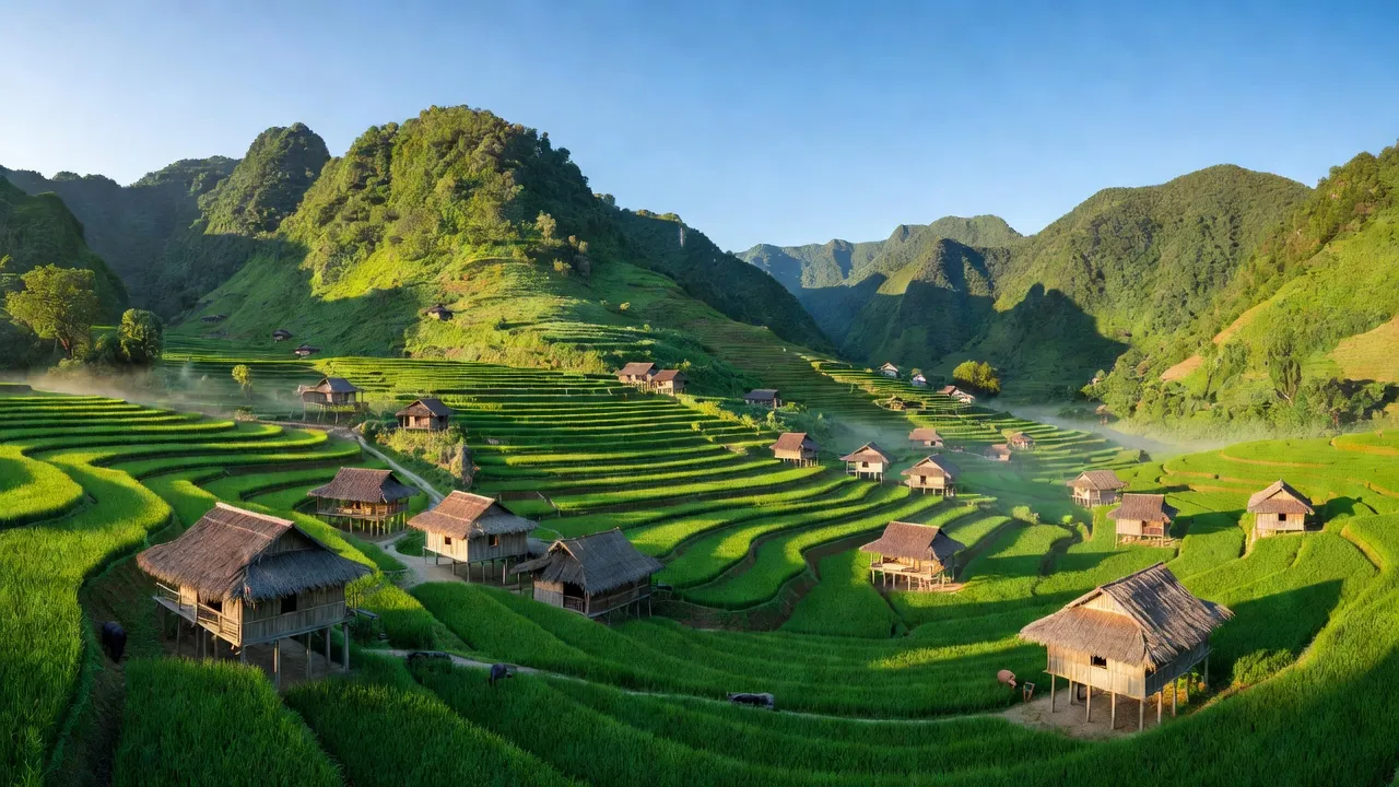 Cảnh quan xã Cao Minh huyện Tràng Định, tỉnh Lạng Sơn với đồng ruộng xanh và nhà truyền thống.