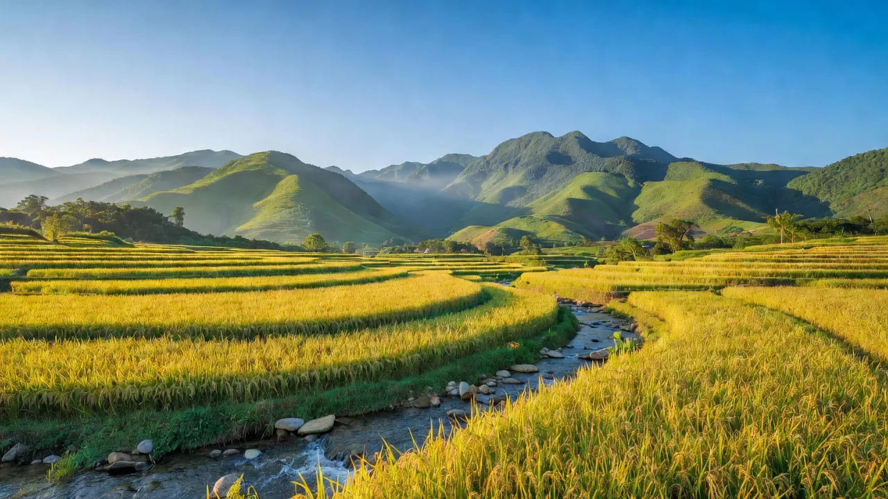 Cảnh đẹp xã Chi Lăng, huyện Tràng Định, Lạng Sơn với núi non, cánh đồng lúa và sông suối.