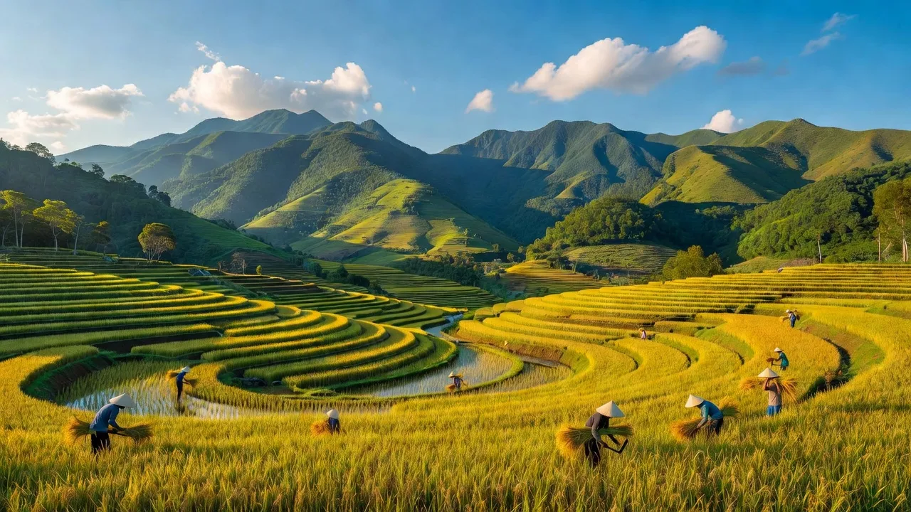 Cảnh đẹp xã Chí Minh, huyện Tràng Định, Lạng Sơn với ruộng bậc thang và trời xanh, người dân địa phương.