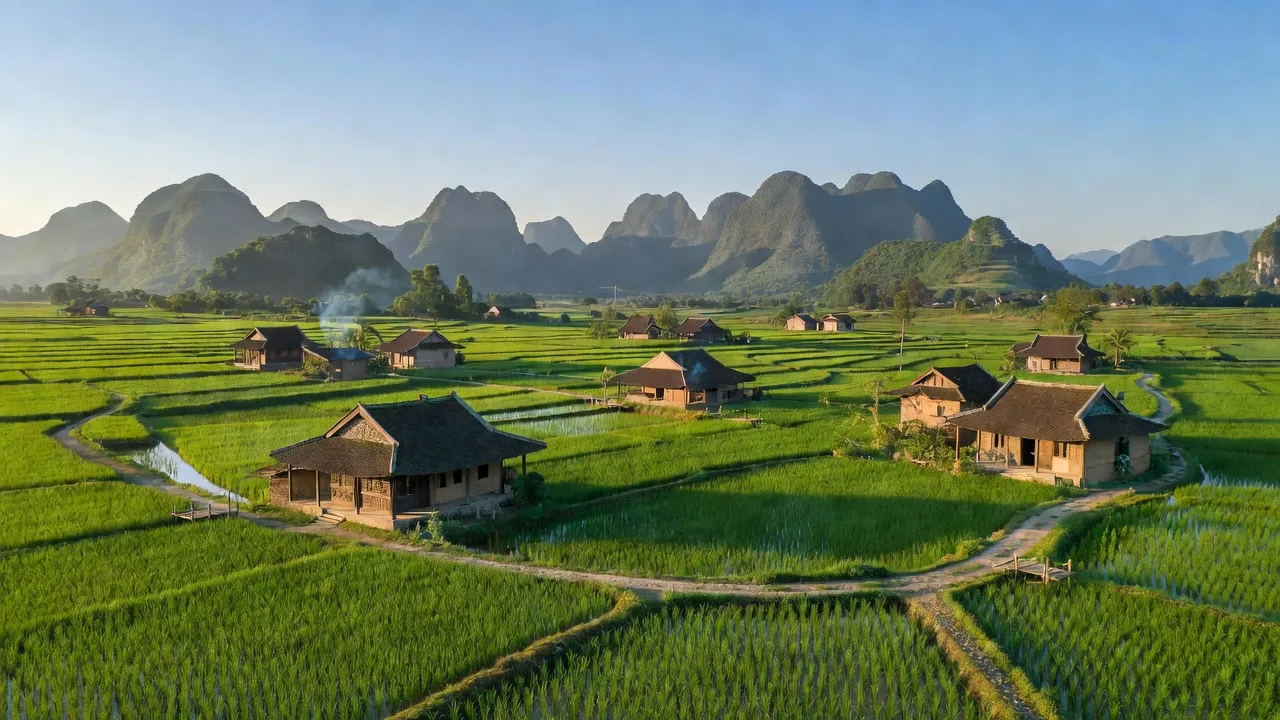 Khung cảnh yên bình xã Đào Viên, huyện Tràng Định, tỉnh Lạng Sơn với cánh đồng xanh và núi xa.