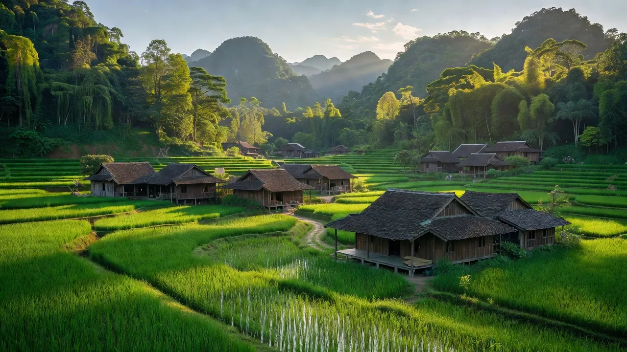 Khung cảnh nông thôn Xã Đề Thám, huyện Tràng Định, tỉnh Lạng Sơn, với cánh đồng xanh và nhà gỗ.
