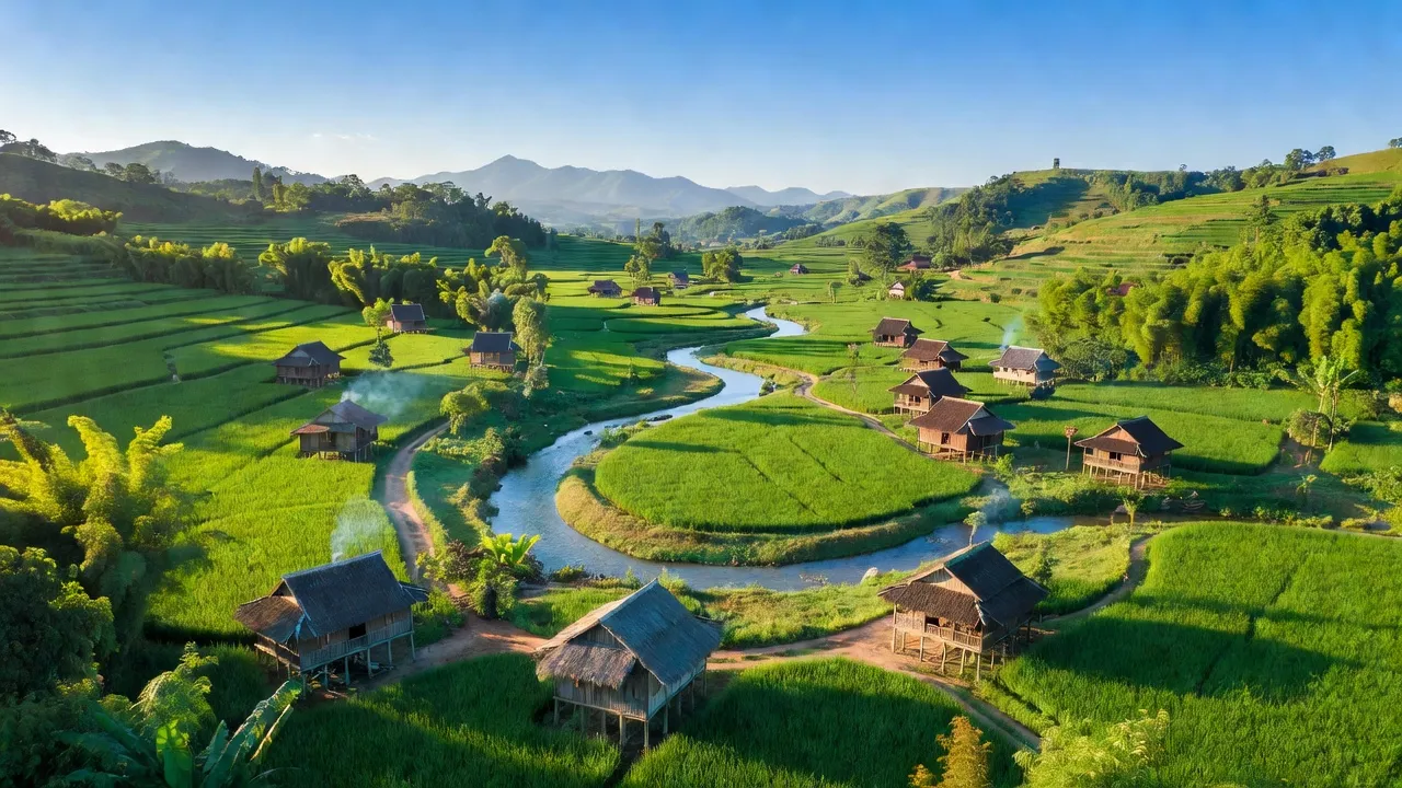 Khung cảnh thung lũng Đội Cấn, huyện Tràng Định, Lạng Sơn với nhà truyền thống và dòng sông.