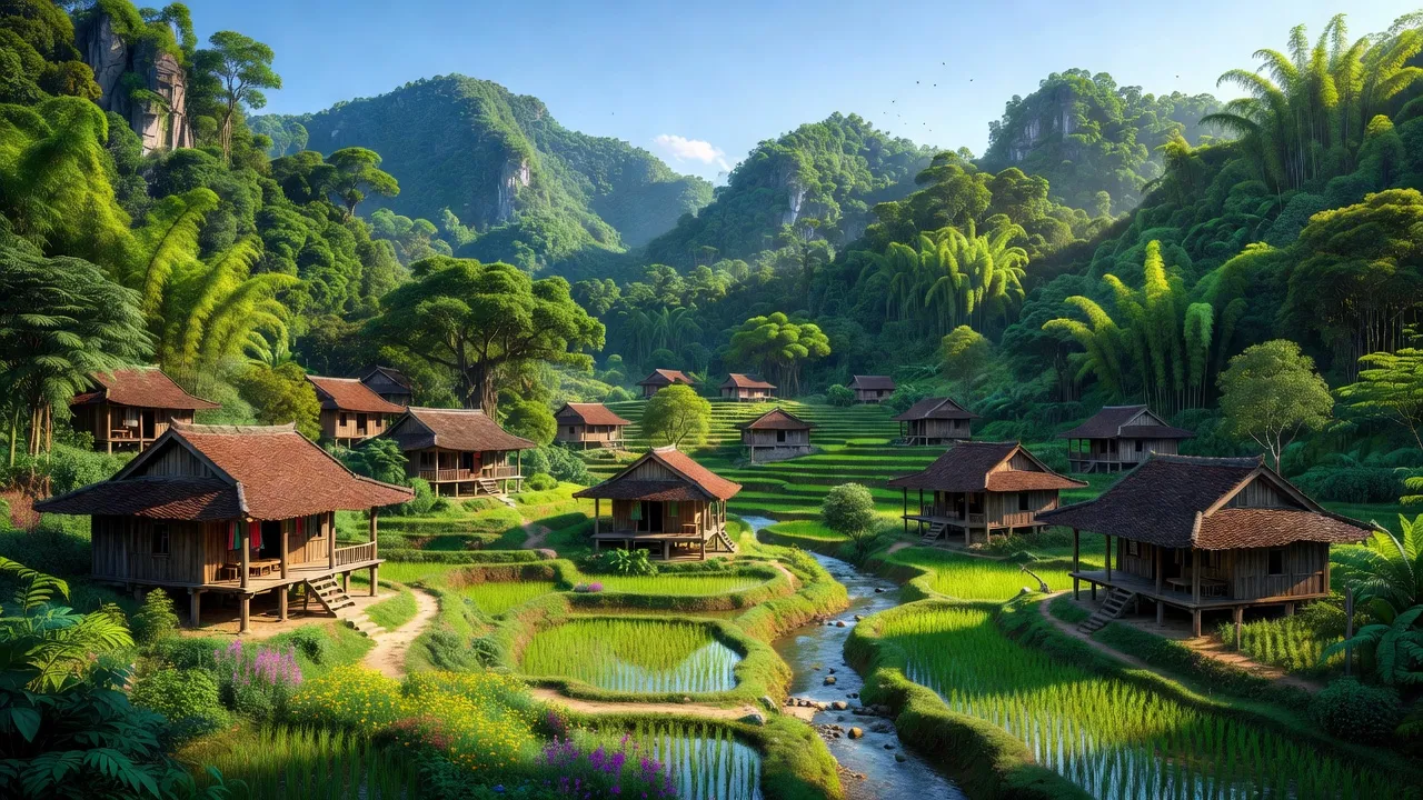 Cảnh quan xã Hùng Sơn, huyện Tràng Định, tỉnh Lạng Sơn với núi xanh và nhà truyền thống.