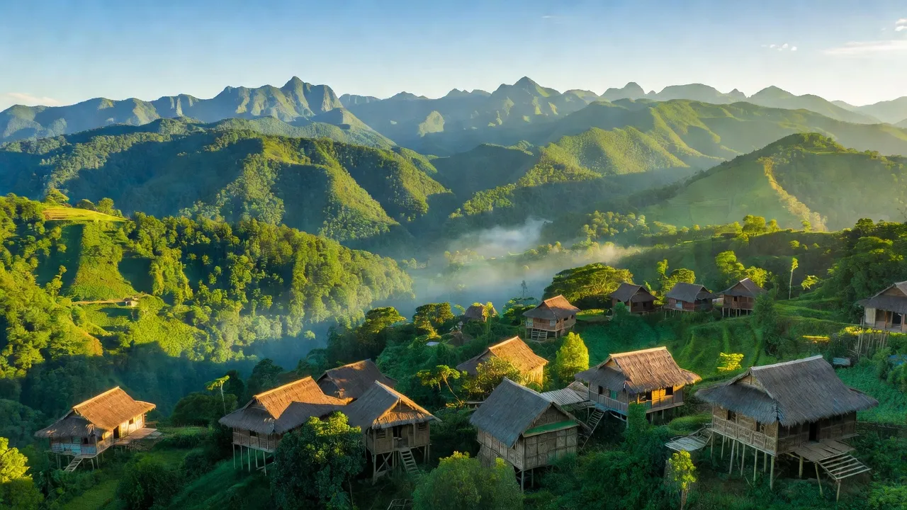 Cảnh đẹp xã Khánh Long, huyện Tràng Định, Lạng Sơn với núi non, rừng xanh và nhà truyền thống.