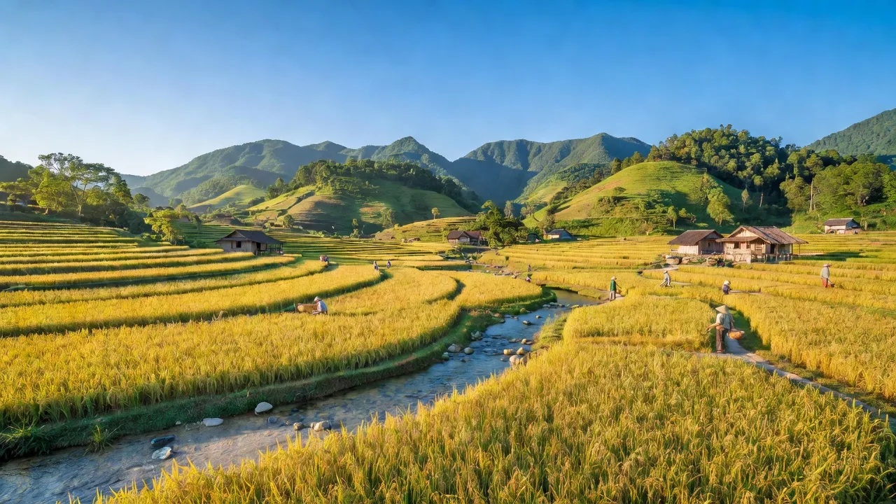 Khung cảnh hữu tình ở Xã Quốc Khánh, Huyện Tràng Định, với núi rừng và cánh đồng lúa xanh vàng.