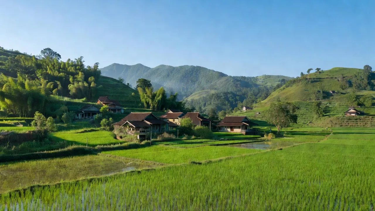 Khung cảnh núi non xã Quốc Khánh, Tràng Định, Lạng Sơn với cánh đồng xanh tươi và nhà truyền thống.