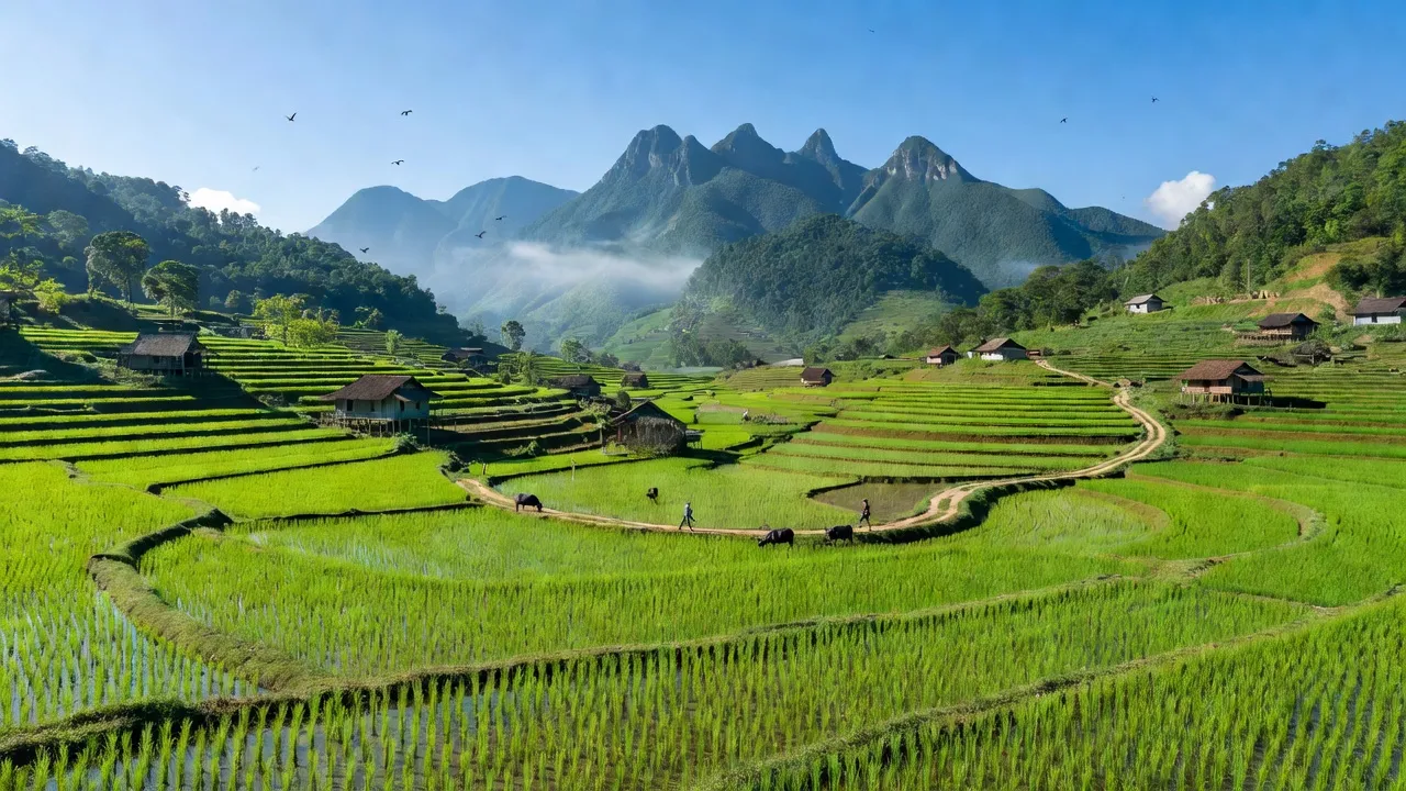 Cảnh đẹp xã Tân Minh, huyện Tràng Định, Lạng Sơn với núi non, cánh đồng và bầu trời xanh.