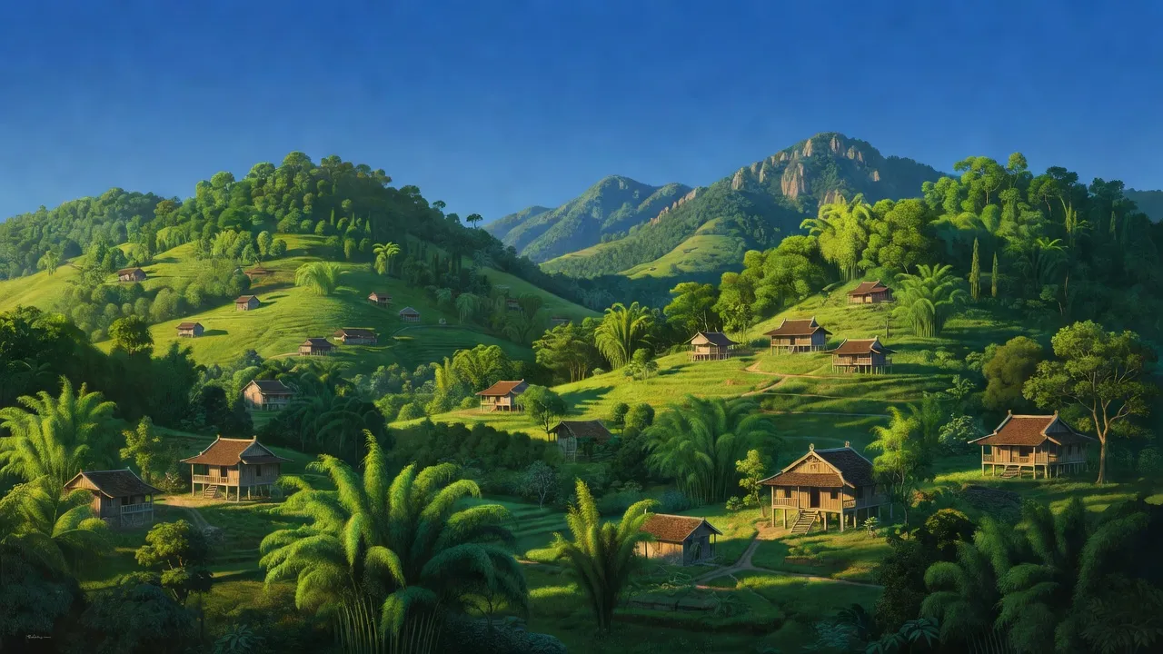 Cảnh quan xã Tân Minh, huyện Tràng Định, Lạng Sơn với đồi núi và nhà truyền thống.