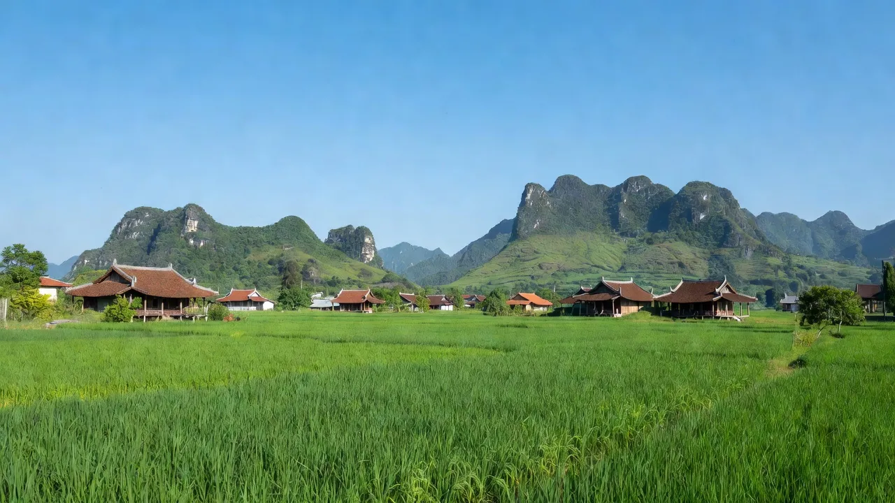 Khung cảnh bình yên xã Tri Phương huyện Tràng Định, tỉnh Lạng Sơn với cánh đồng xanh và núi.