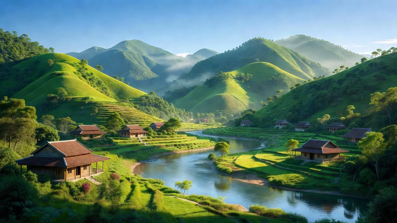 Phong cảnh xã Trung Thành, huyện Tràng Định, tỉnh Lạng Sơn với núi non và sông Bắc Khê.