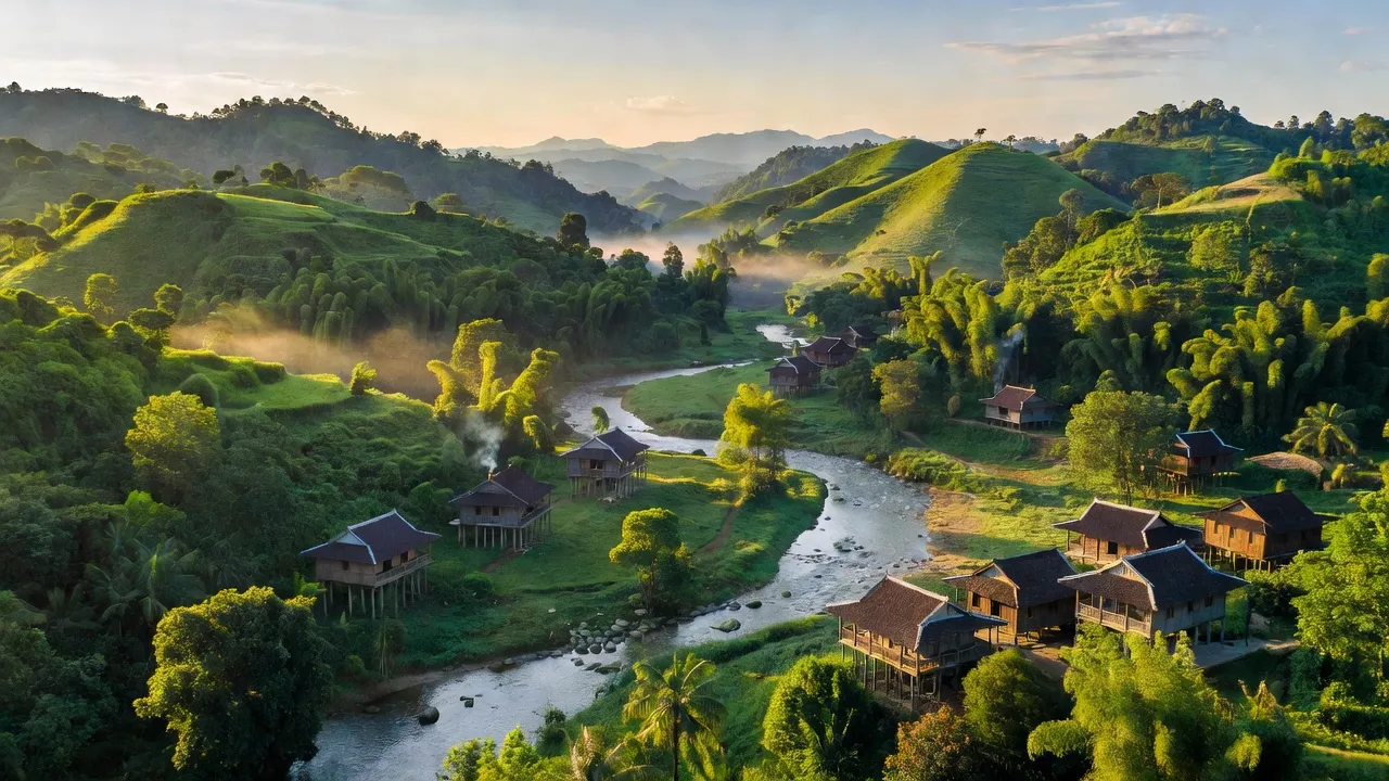 Toàn cảnh huyện Văn Lãng, tỉnh Lạng Sơn với đồi xanh, sông và nhà truyền thống Việt Nam.