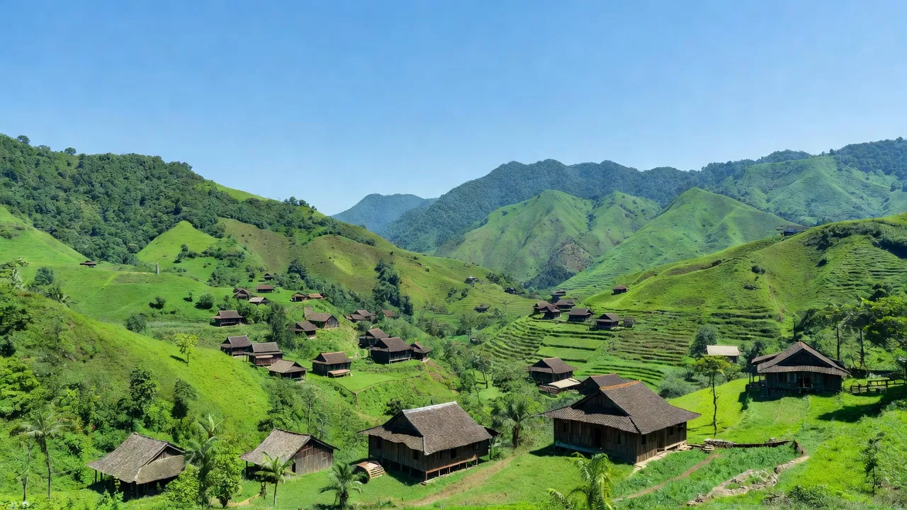 Khung cảnh đồi núi xanh tươi của xã Bắc Hùng, huyện Văn Lãng, tỉnh Lạng Sơn, miền Bắc Việt Nam.