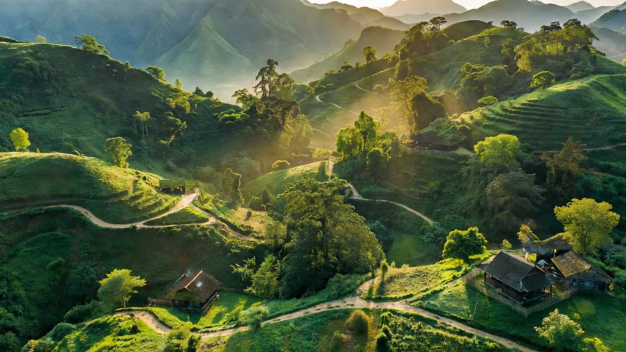 Cảnh quan xã Bắc La, huyện Văn Lãng, Lạng Sơn với đồi núi xanh tươi, ánh nắng ban mai.