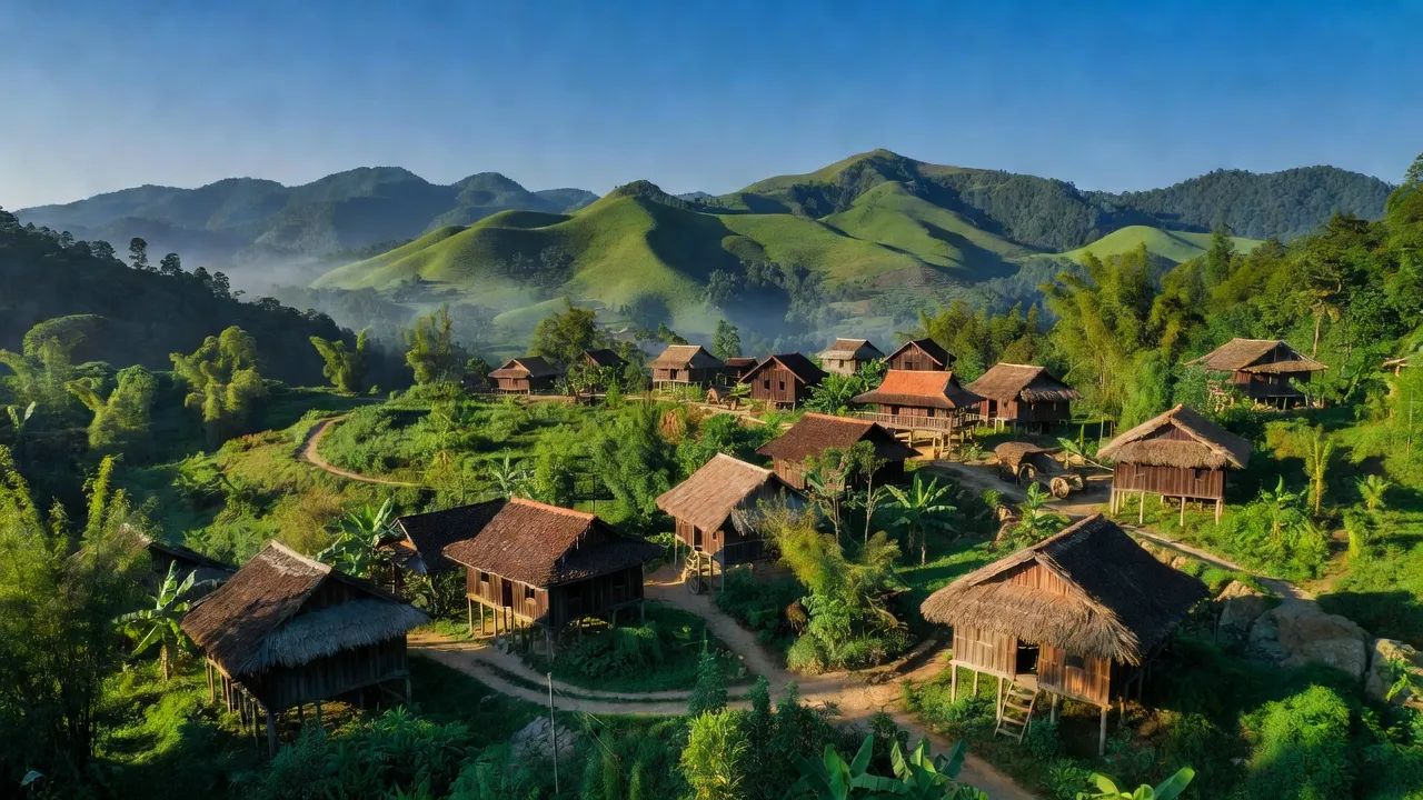 Khung cảnh xã Bắc La, huyện Văn Lãng, Lạng Sơn với đồi núi xanh tươi và nhà truyền thống.