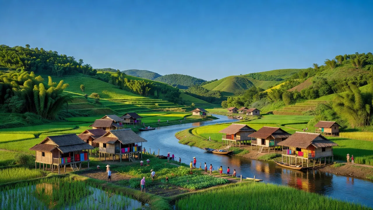 Khung cảnh nên thơ xã Bắc Việt, huyện Văn Lãng, tỉnh Lạng Sơn với đồi núi và sông nước yên bình.