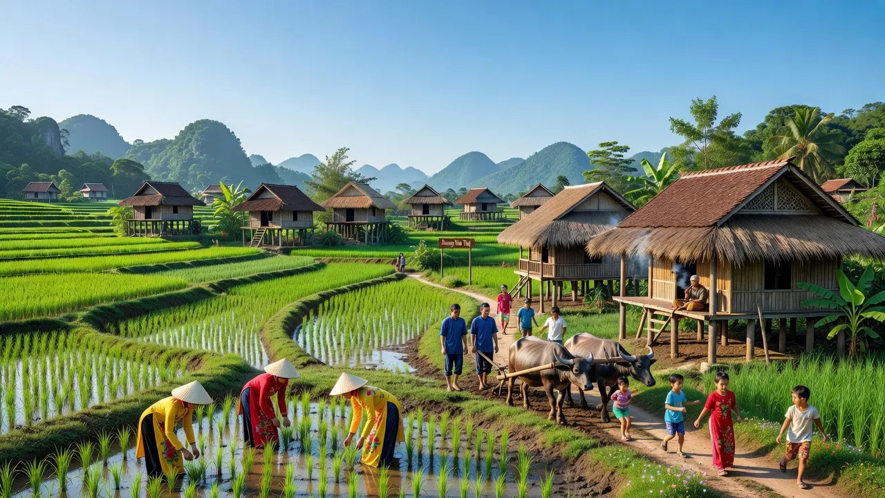 Cảnh đẹp Xã Hoàng Văn Thụ, Huyện Văn Lãng, tỉnh Lạng Sơn với cây cối và nhà truyền thống.