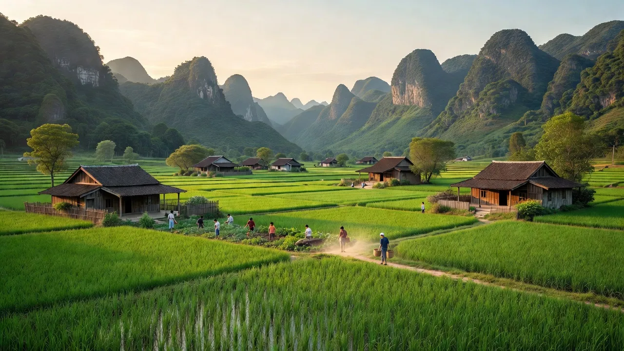 Cảnh đẹp xã Hoàng Văn Thụ, huyện Văn Lãng, tỉnh Lạng Sơn với đồng ruộng và núi non.