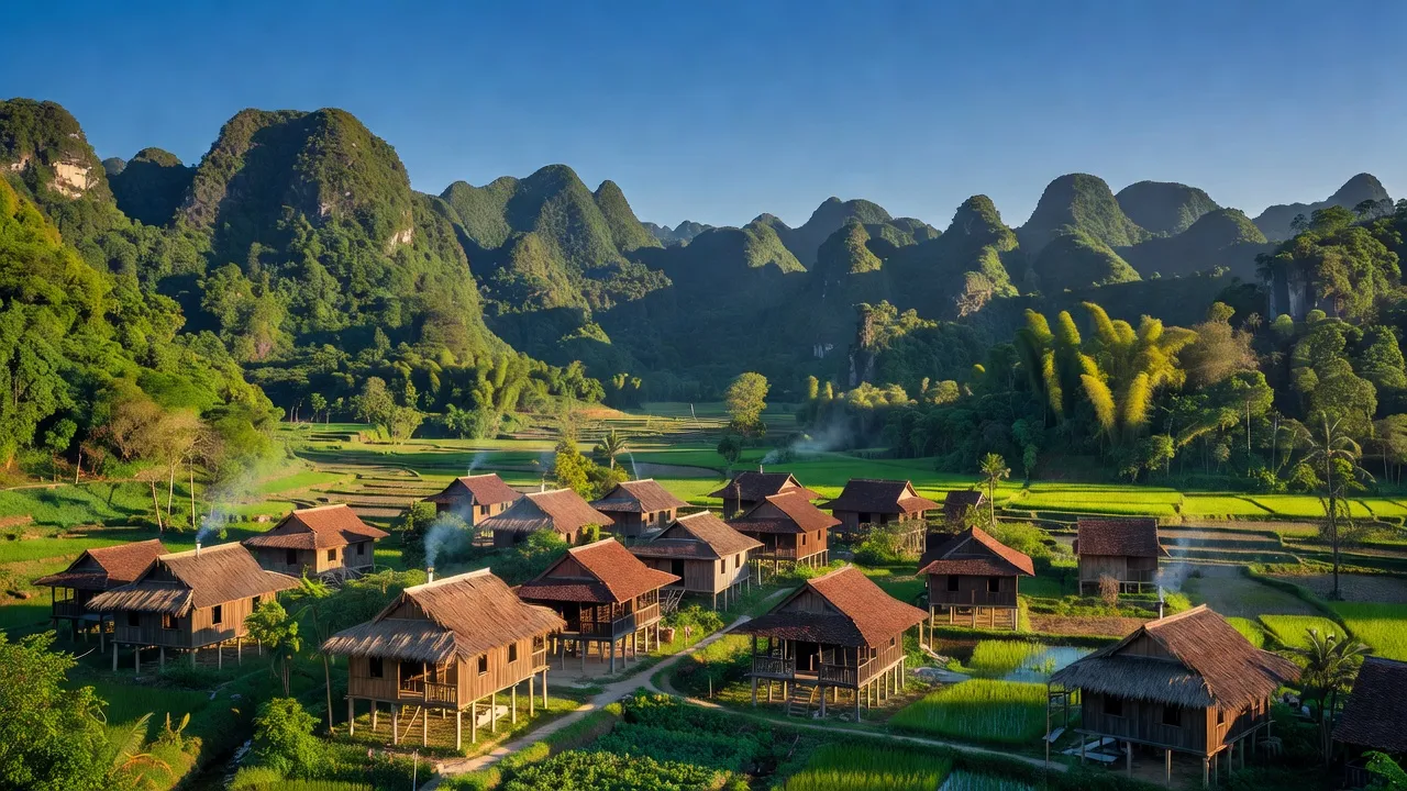 Cảnh đẹp xã Hoàng Việt, huyện Văn Lãng, tỉnh Lạng Sơn với núi xanh bao quanh và nhà truyền thống.