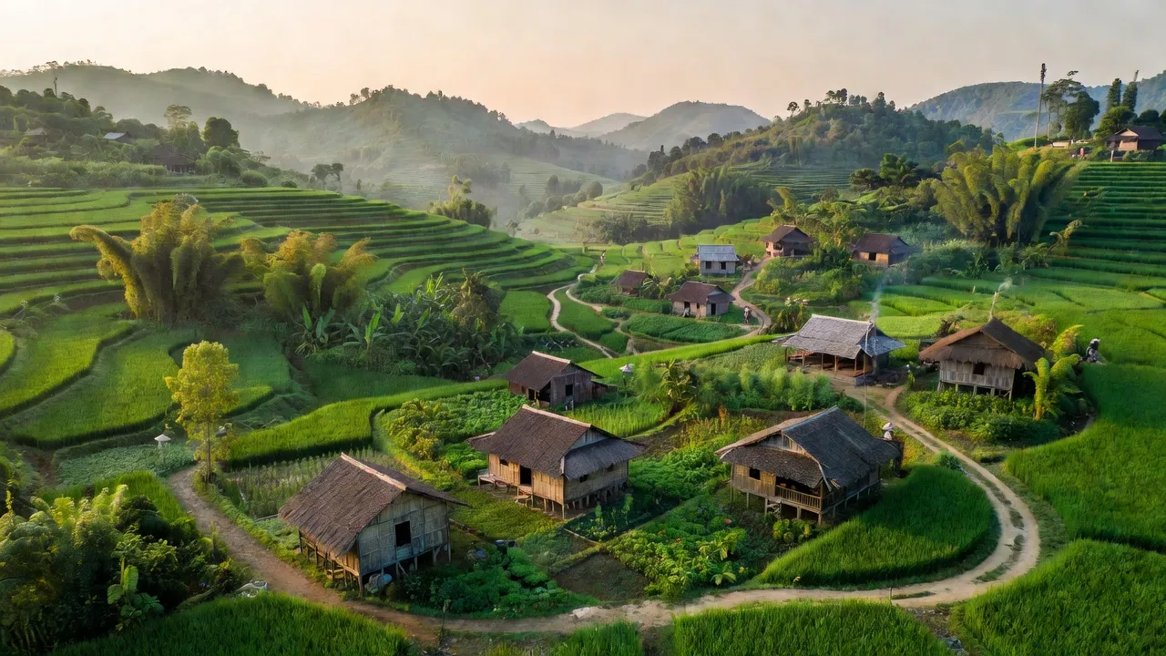 Cảnh đẹp xã Hồng Thái, huyện Văn Lãng, Lạng Sơn với đồi núi xanh tươi và nhà cửa địa phương.