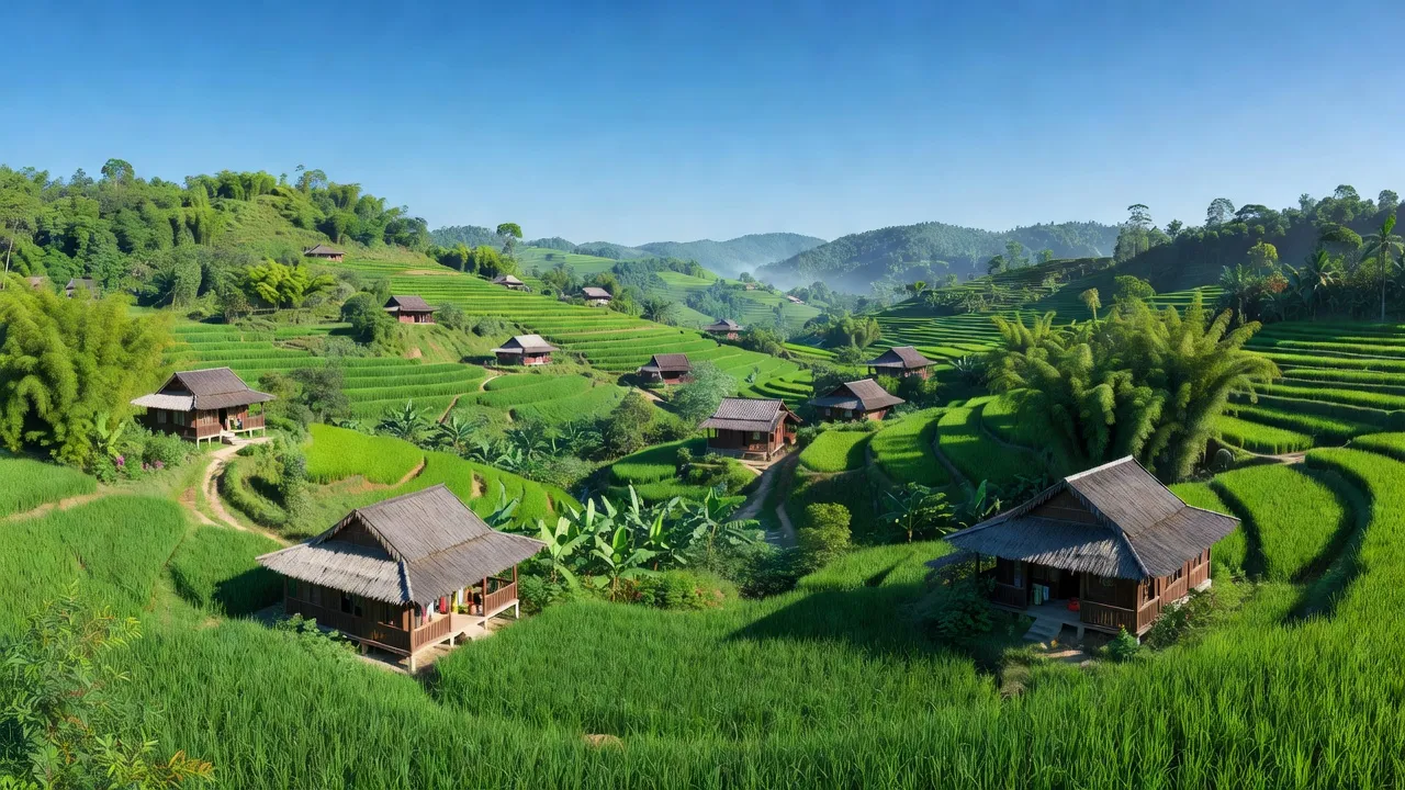 Khung cảnh xã Hồng Thái, huyện Văn Lãng với núi rừng xanh tươi và nhà truyền thống.