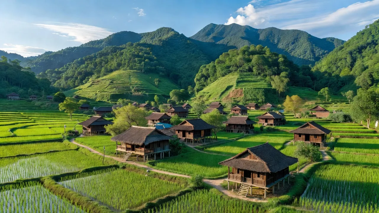 Khung cảnh xã Tân Mỹ, huyện Văn Lãng, tỉnh Lạng Sơn với núi non xanh tươi và nhà truyền thống.