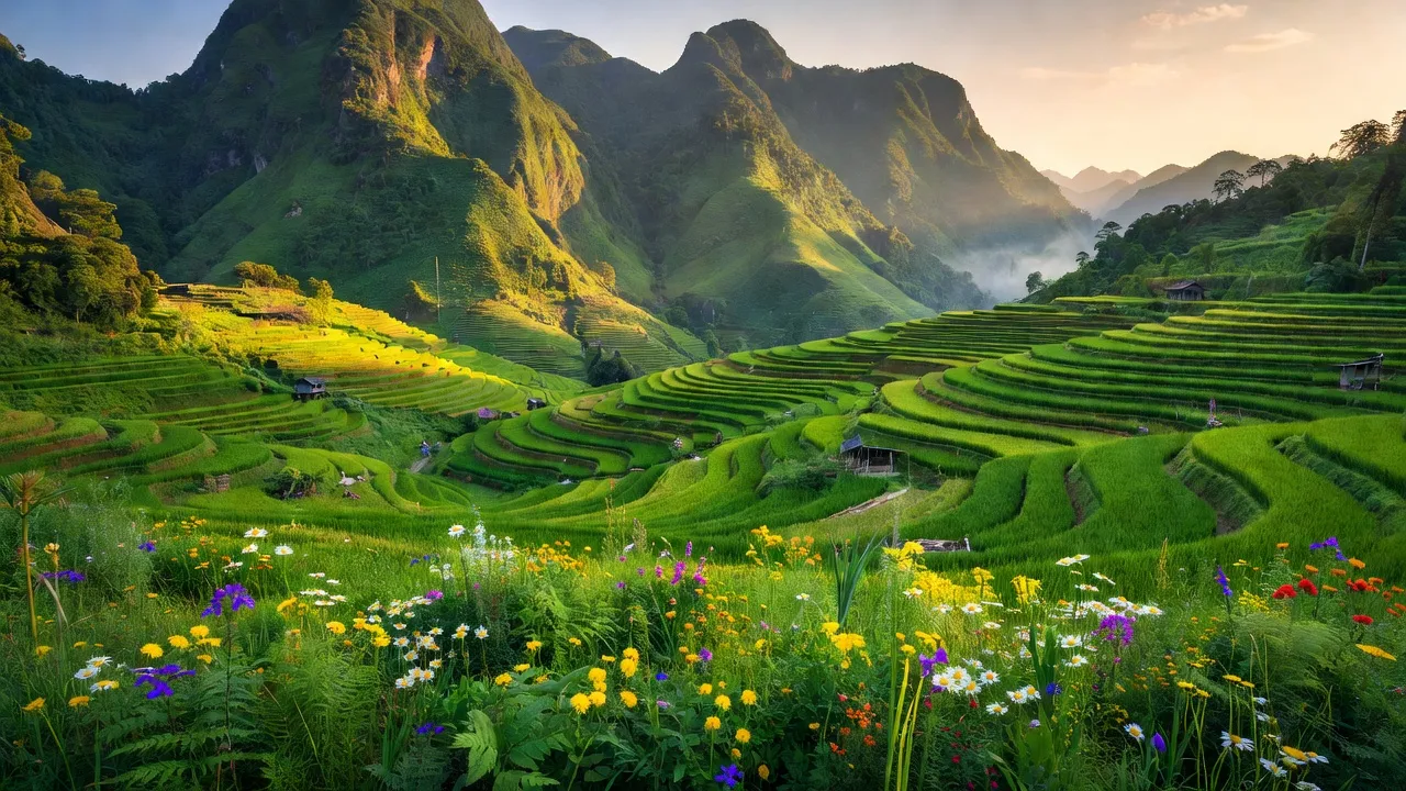 Cảnh quan xã Tân Tác, huyện Văn Lãng, tỉnh Lạng Sơn với núi non hùng vĩ, cây cối xanh tốt.