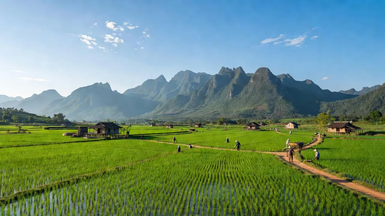 Khung cảnh thiên nhiên tại xã Tân Tác, huyện Văn Lãng, Lạng Sơn với núi non hùng vĩ và cánh đồng xanh.