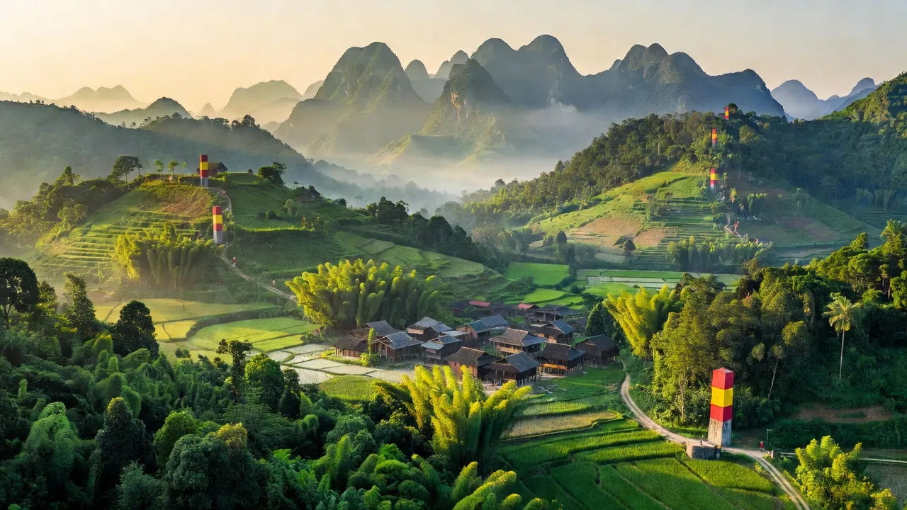 Khung cảnh xã Tân Thanh, huyện Văn Lãng, tỉnh Lạng Sơn với núi non xanh tươi và cột mốc biên giới.