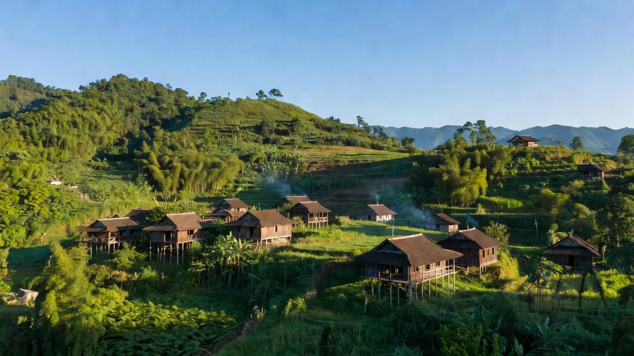 Khung cảnh Xã Thành Hòa, Huyện Văn Lãng với đồi núi cao và nhà truyền thống bên dưới bầu trời xanh.