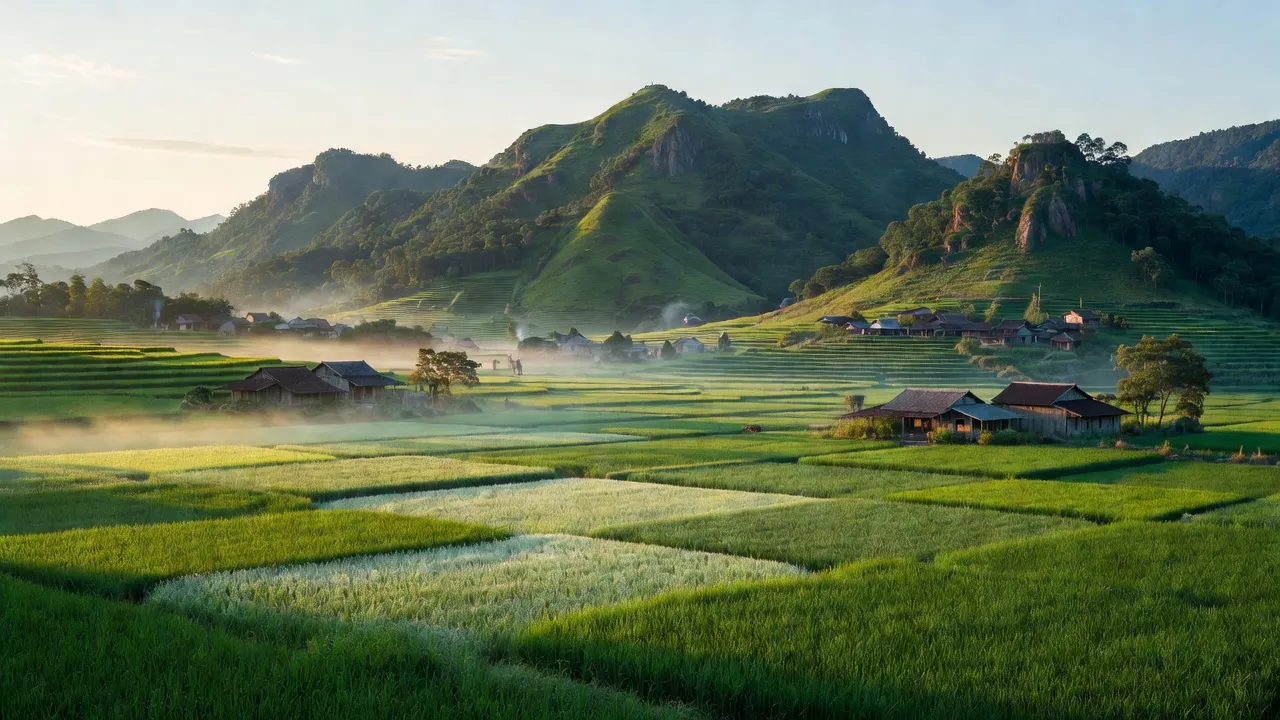 Cảnh đẹp xã Trùng Khánh, huyện Văn Lãng, Lạng Sơn với cánh đồng và núi non phía Bắc.