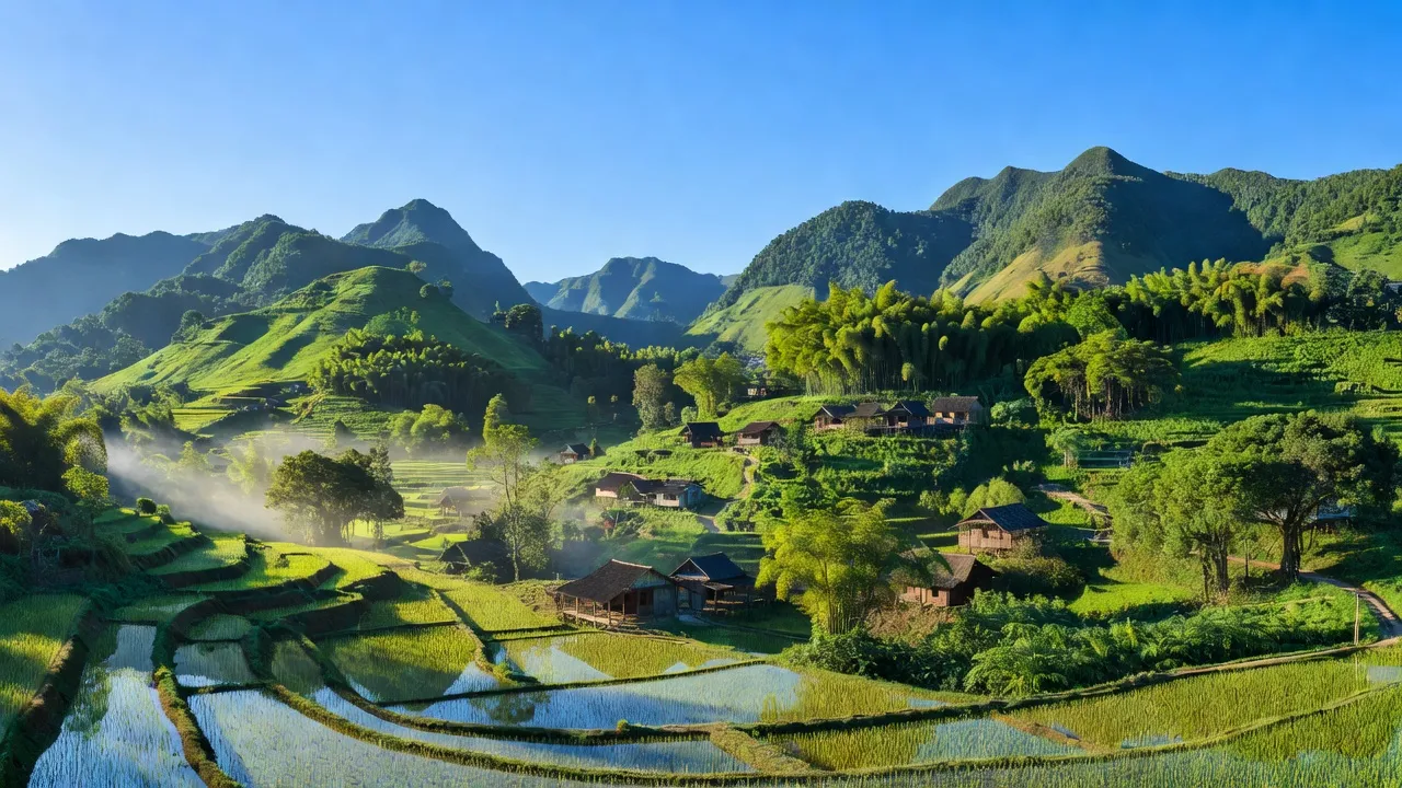 Khung cảnh Xã An Sơn, huyện Văn Quan, tỉnh Lạng Sơn với núi non xanh mướt và bầu trời tươi sáng.