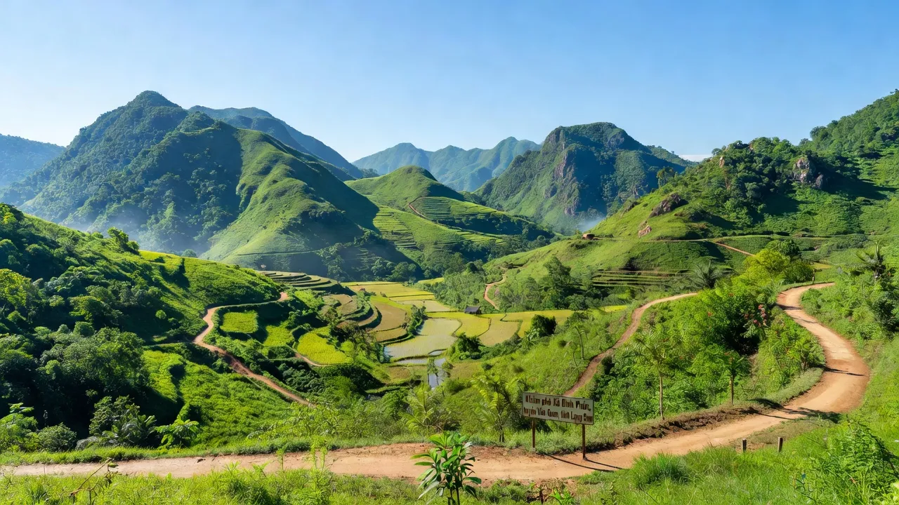 Nhìn toàn cảnh xã Bình Phúc, huyện Văn Quan, với núi xanh và đường mòn địa phương.