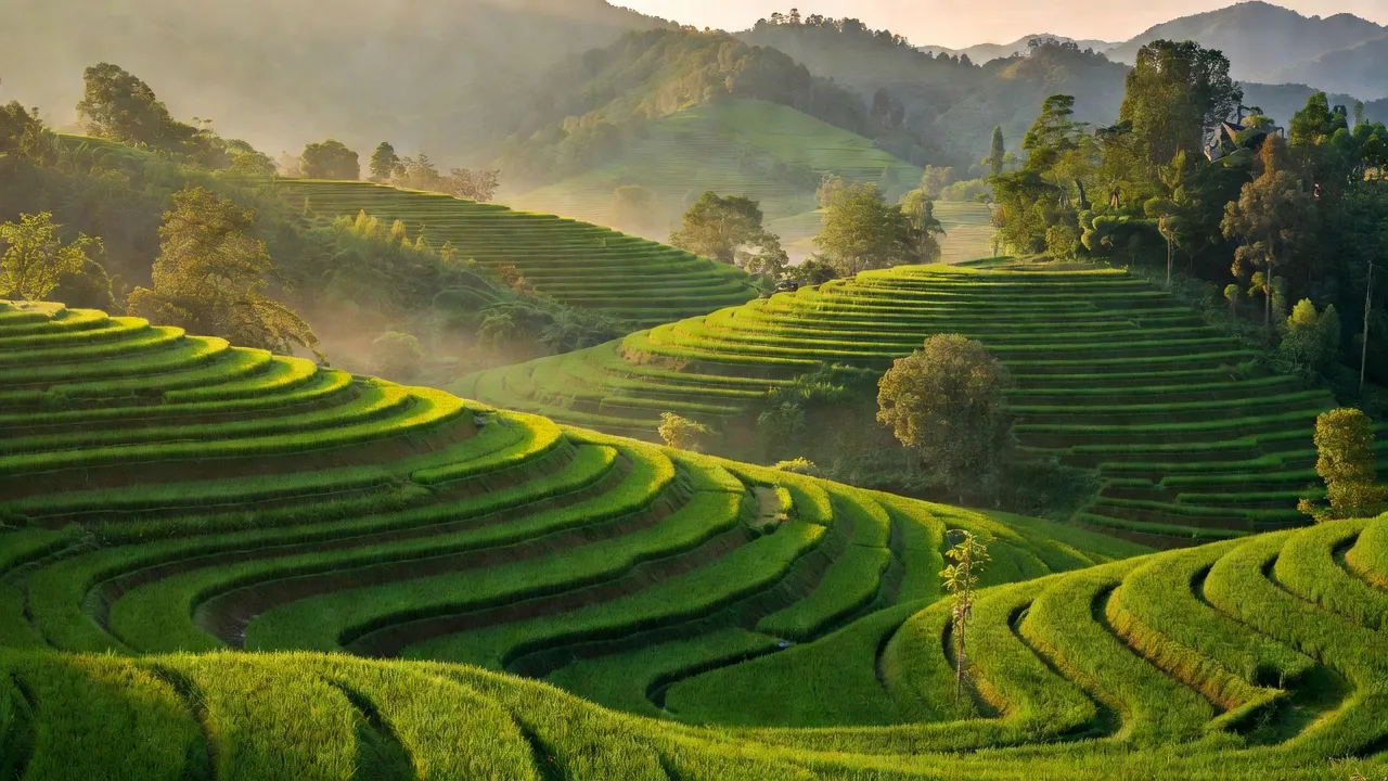Phong cảnh xã Hòa Bình huyện Văn Quan, tỉnh Lạng Sơn với đồi núi xanh và ruộng bậc thang.