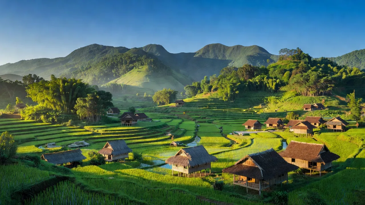 Phong cảnh Xã Hữu Lễ, huyện Văn Quan, Lạng Sơn với núi rừng và kiến trúc truyền thống Việt Nam.