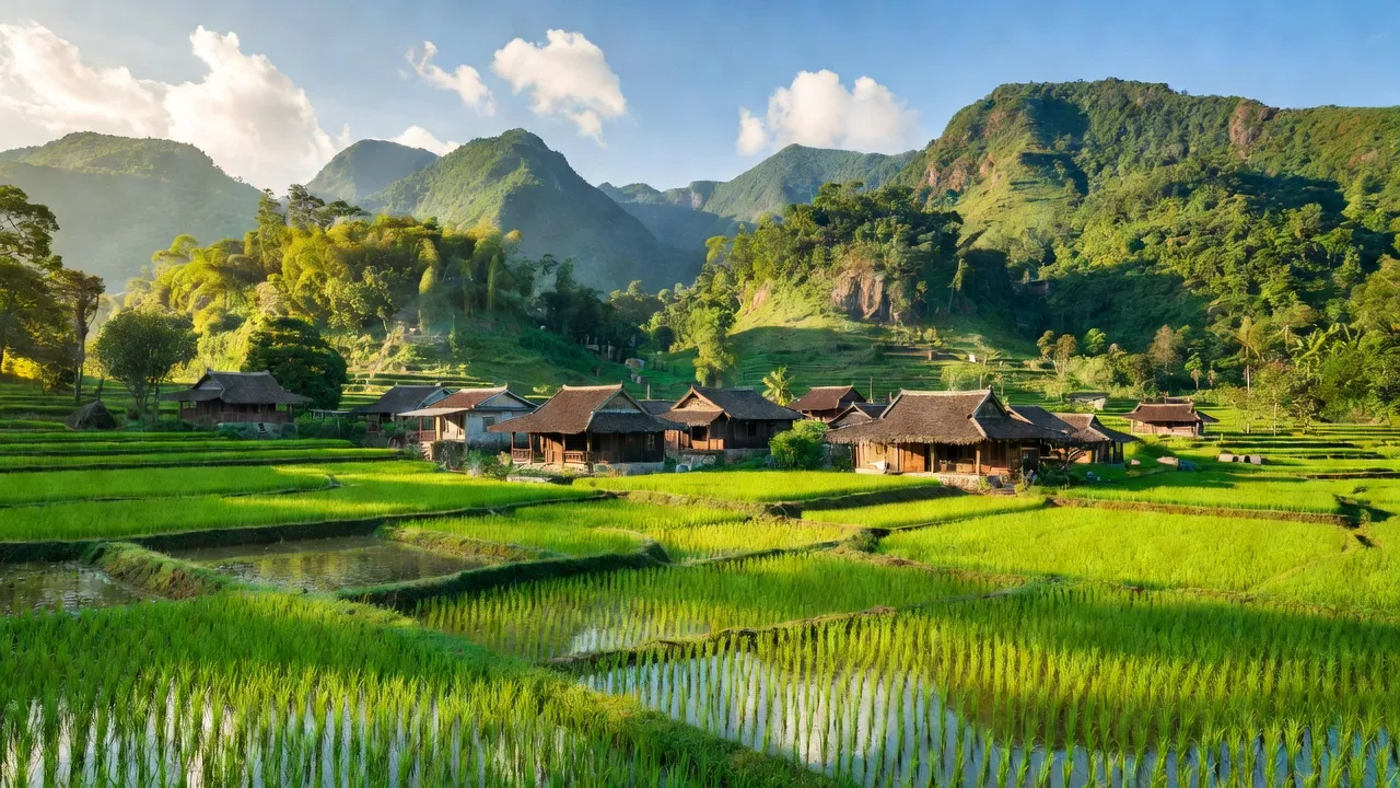 Khánh Khê, Văn Quan, Lạng Sơn cảnh đẹp với núi non, nhà truyền thống và ruộng xanh.