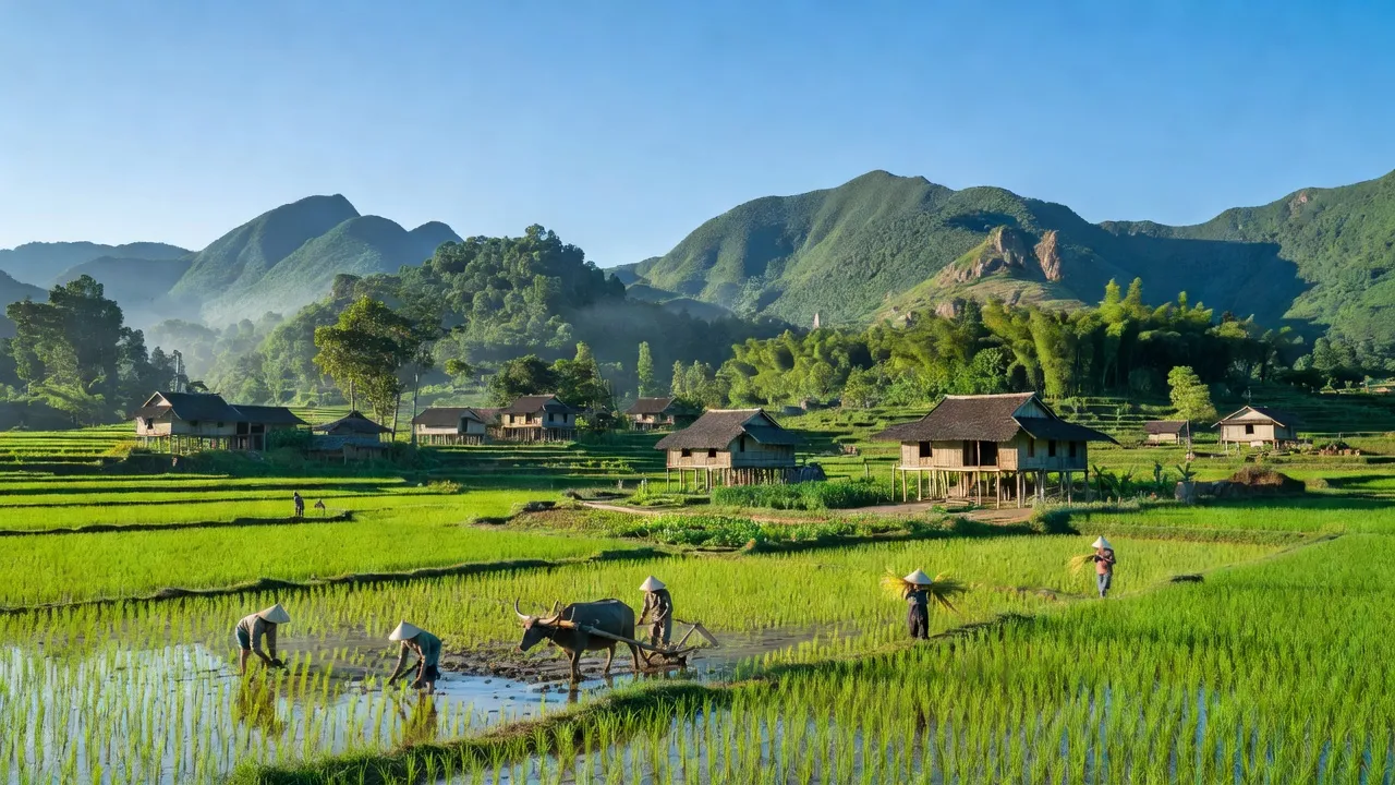 Khung cảnh đẹp của xã Liên Hội, huyện Văn Quan, tỉnh Lạng Sơn với núi xanh và đồng ruộng.