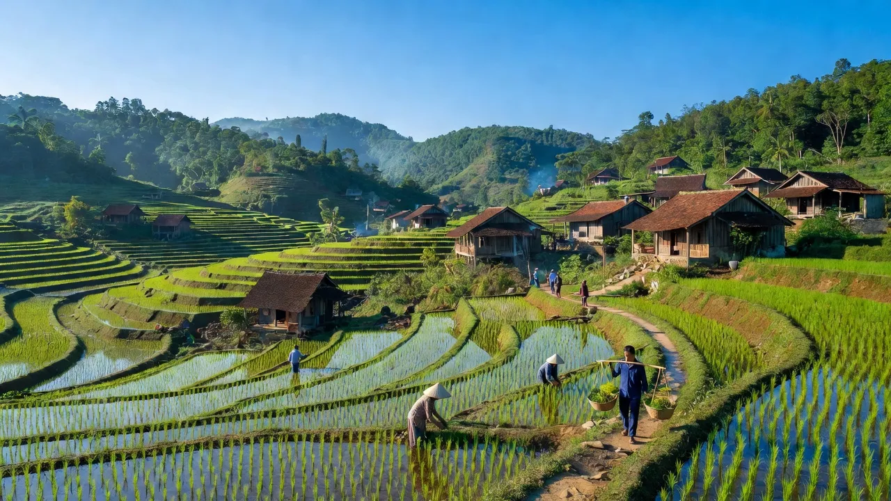 Cảnh sắc xã Tân Đoàn, huyện Văn Quan, Lạng Sơn với đồi núi và ruộng bậc thang xanh mướt.