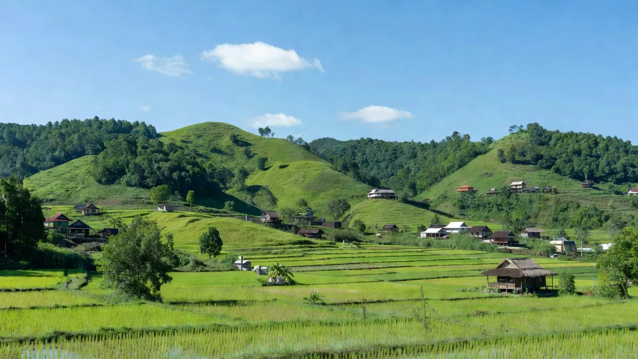 Cảnh thiên nhiên xã Tân Đoàn, huyện Văn Quan, Lạng Sơn với đồi núi xanh và cánh đồng màu sắc.