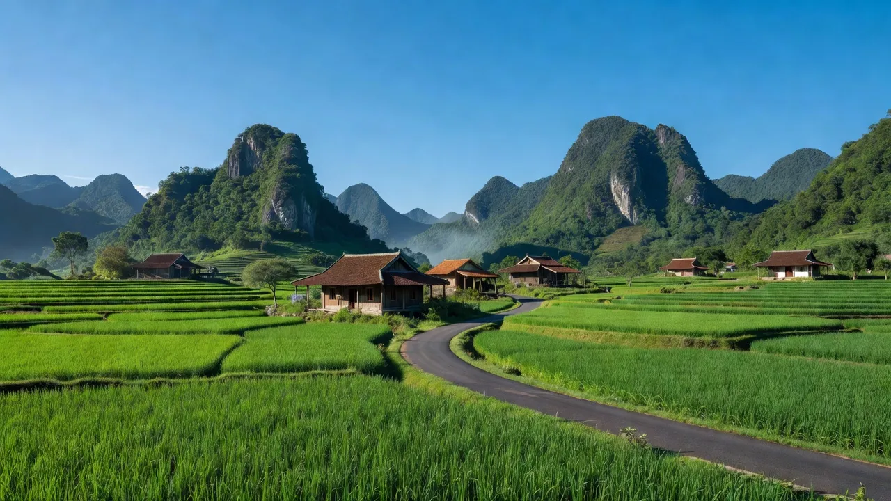 Cảnh thiên nhiên tại xã Trấn Ninh, huyện Văn Quan, Lạng Sơn với núi và cánh đồng xanh.