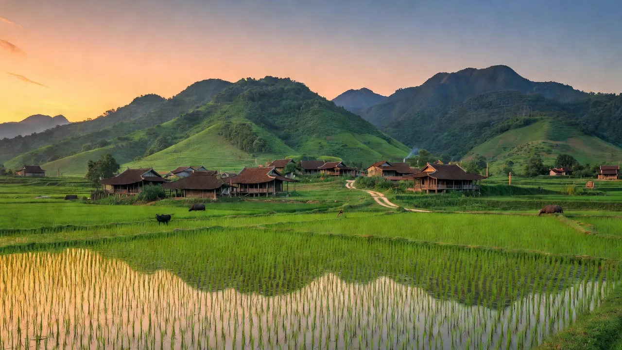 Khung cảnh yên bình ở xã Trấn Ninh, huyện Văn Quan, tỉnh Lạng Sơn với núi xanh và ruộng lúa.