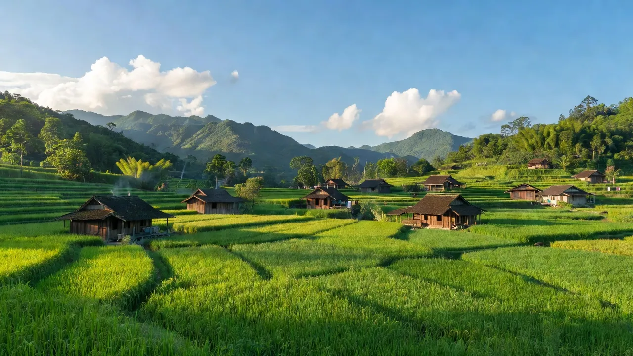 Cảnh đẹp xã Tri Lễ, huyện Văn Quan, tỉnh Lạng Sơn với cánh đồng xanh và nhà gỗ truyền thống.