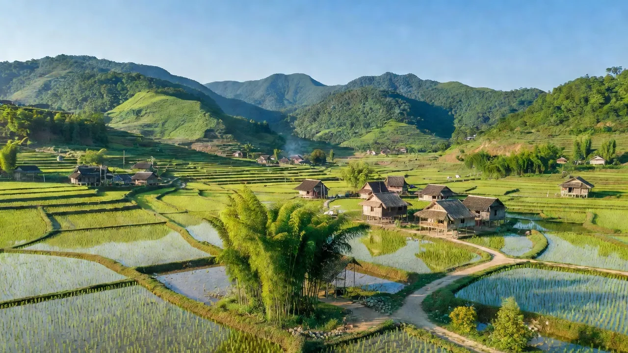 Cảnh đẹp Xã Tú Xuyên, huyện Văn Quan, Lạng Sơn với núi non xanh và cánh đồng lúa.